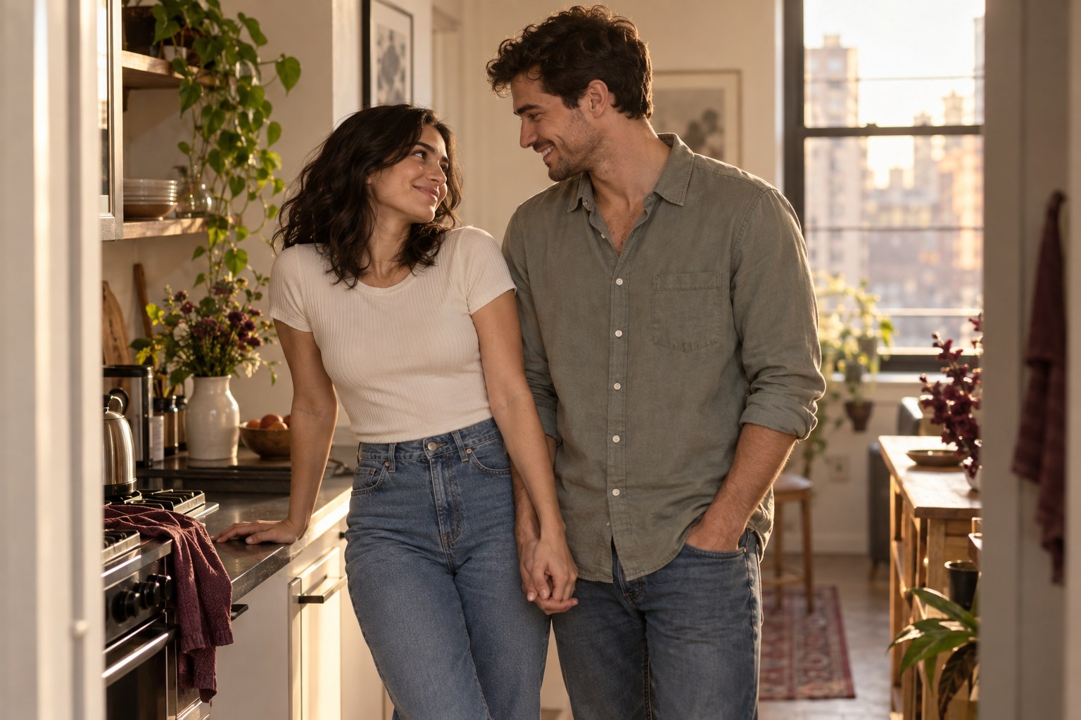 A young adult couple sharing a playful moment in their kitchen.