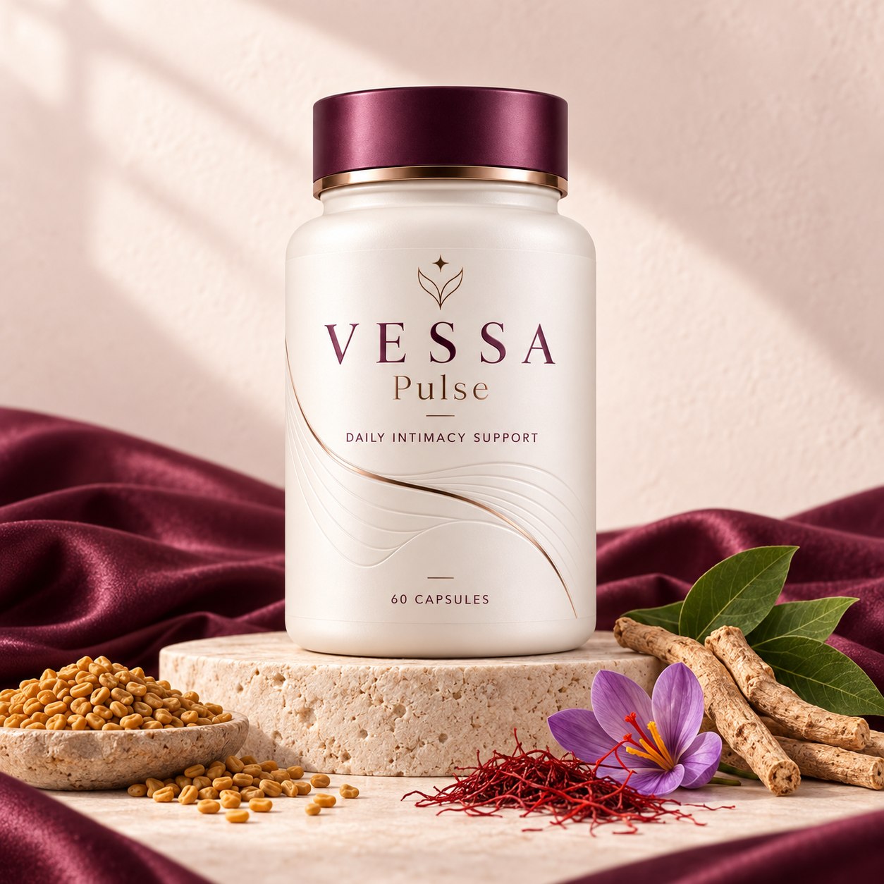 VESSA Pulse, a 60-capsule bottle, with fenugreek, saffron and ashwagandha.
