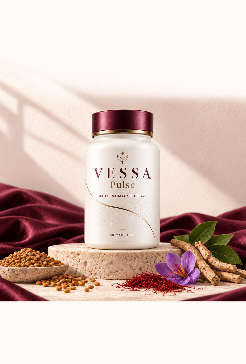VESSA Pulse bottle on a stone pedestal with fenugreek, saffron and ashwagandha, framed by burgundy fabric.