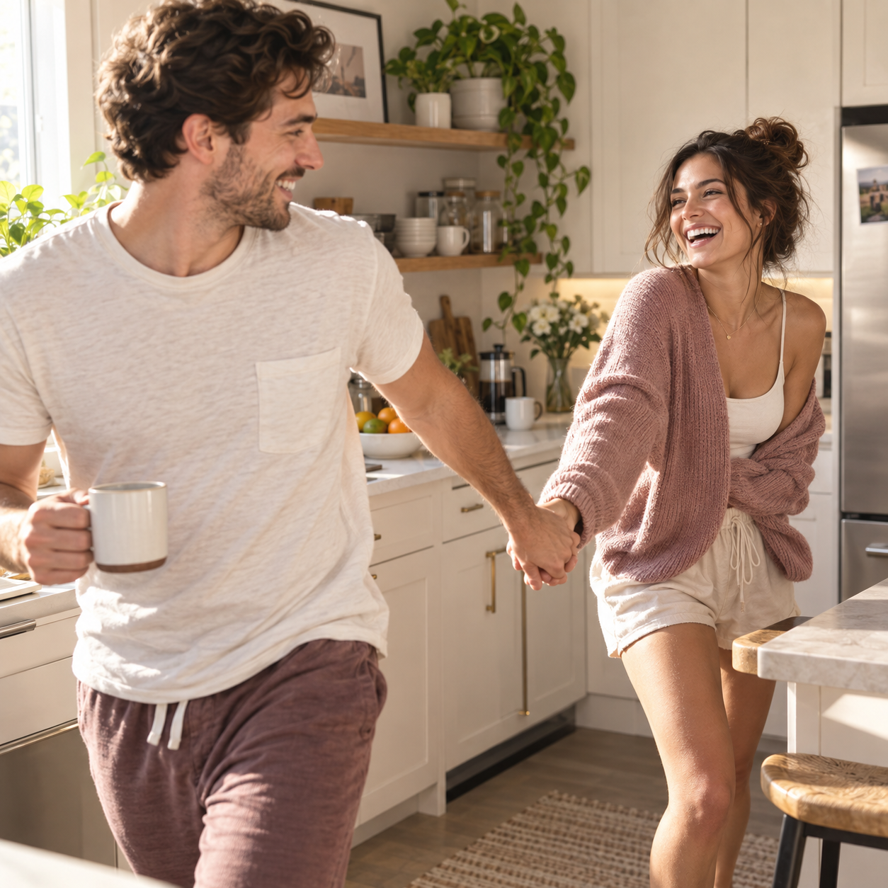 Young couple laughing and holding hands in a sunlit kitchen