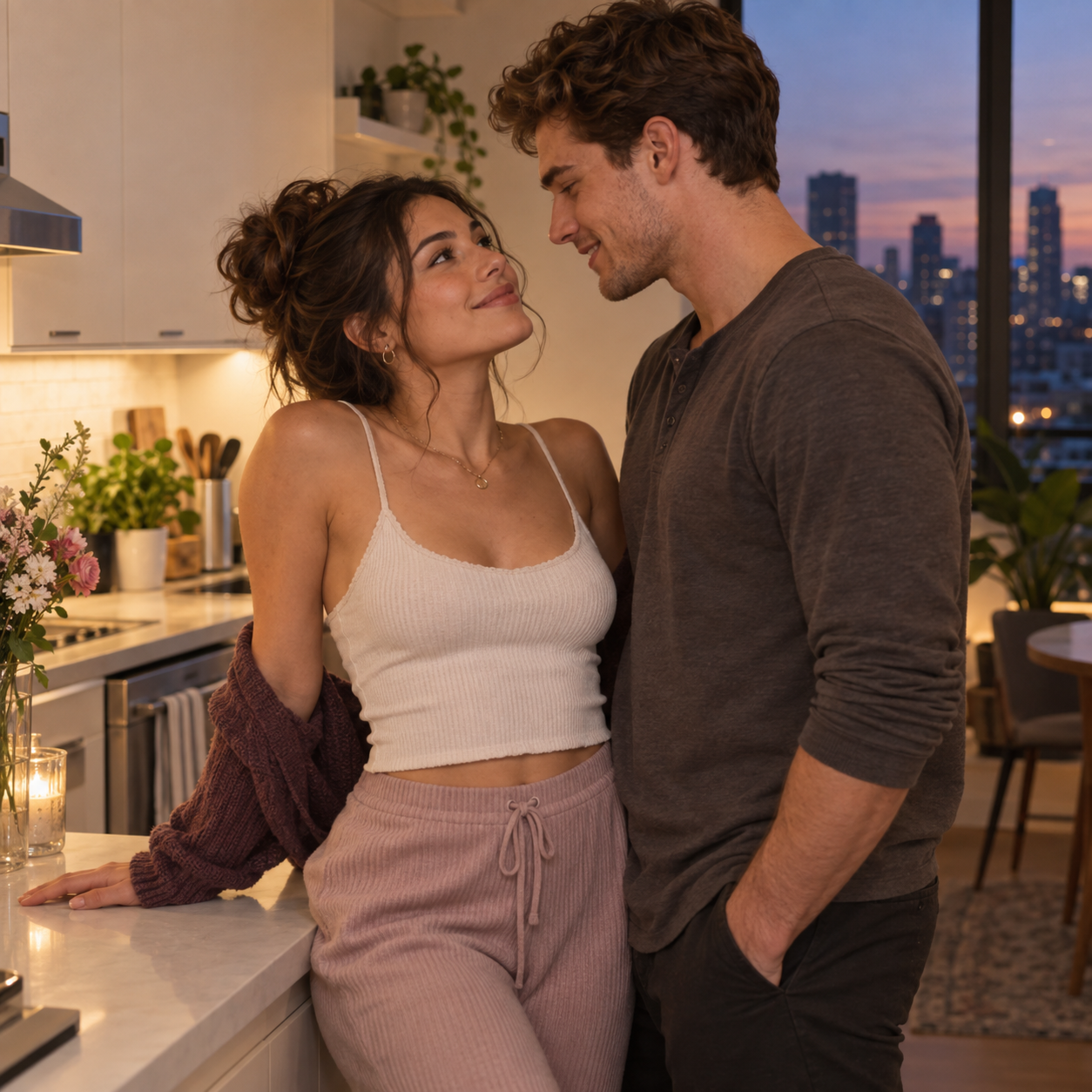 Young couple sharing a lingering look in a warmly lit kitchen