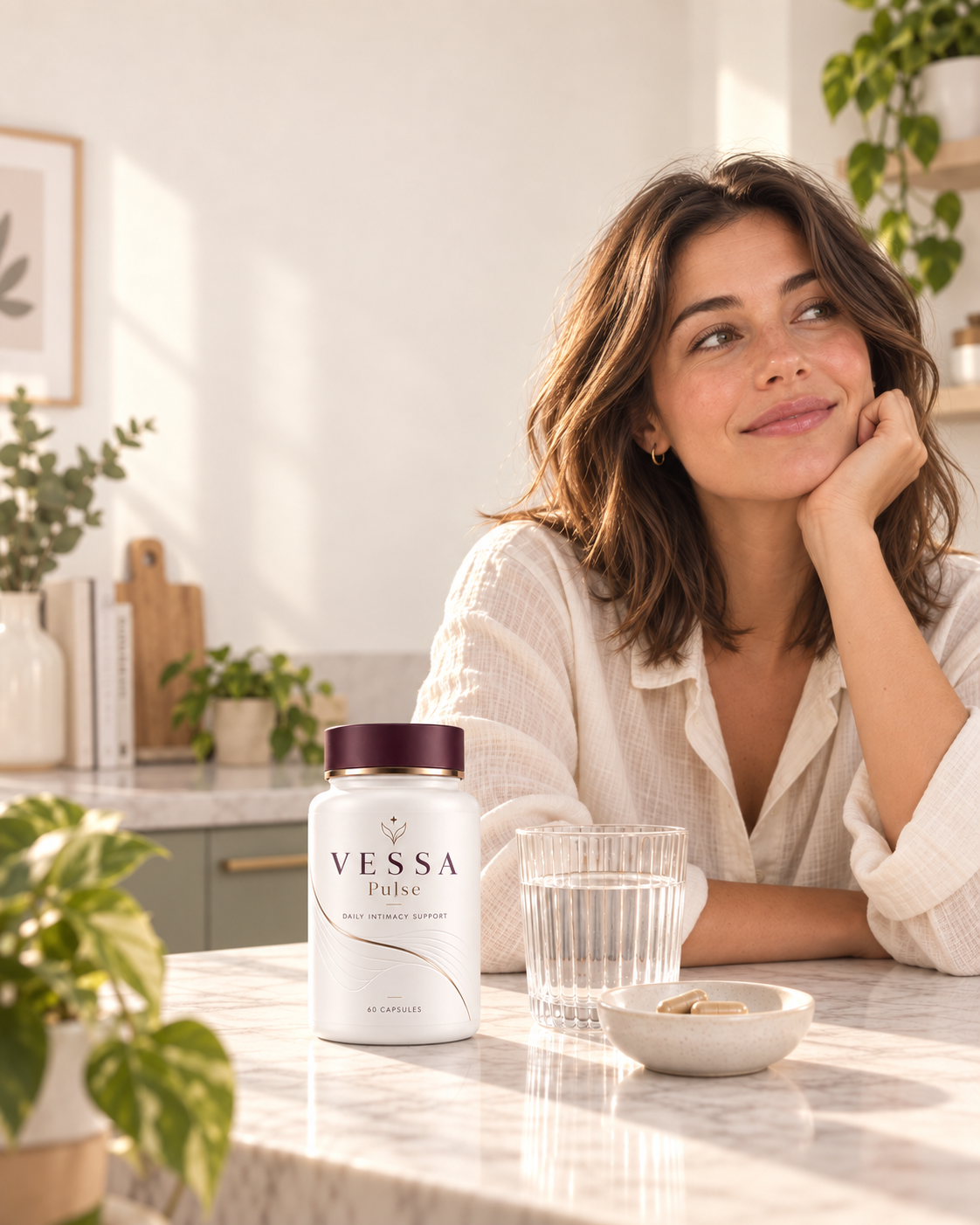 Young woman with VESSA Pulse, two capsules and a glass of water