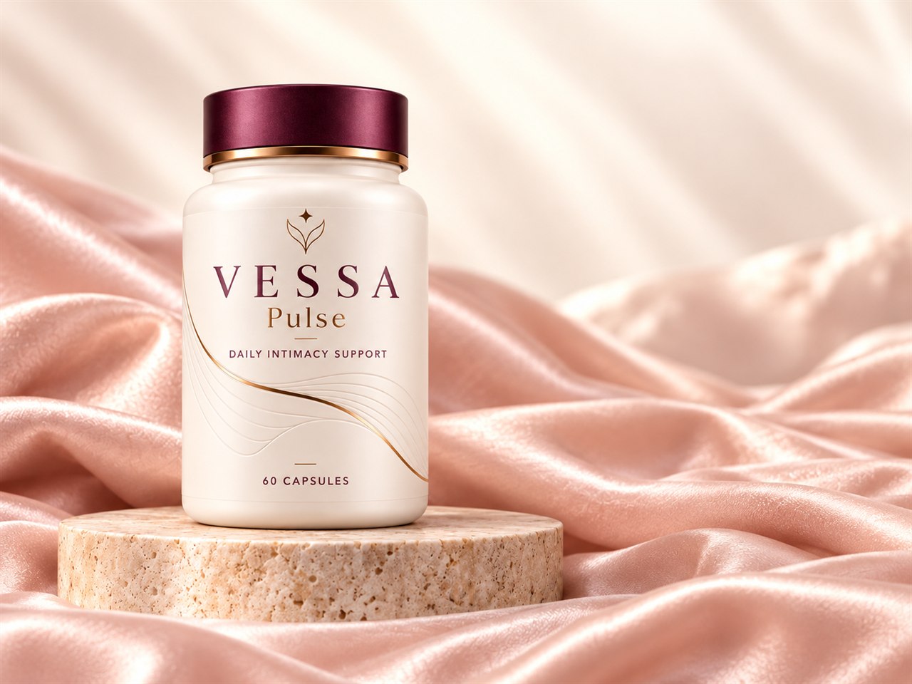 VESSA Pulse bottle on travertine, surrounded by blush silk