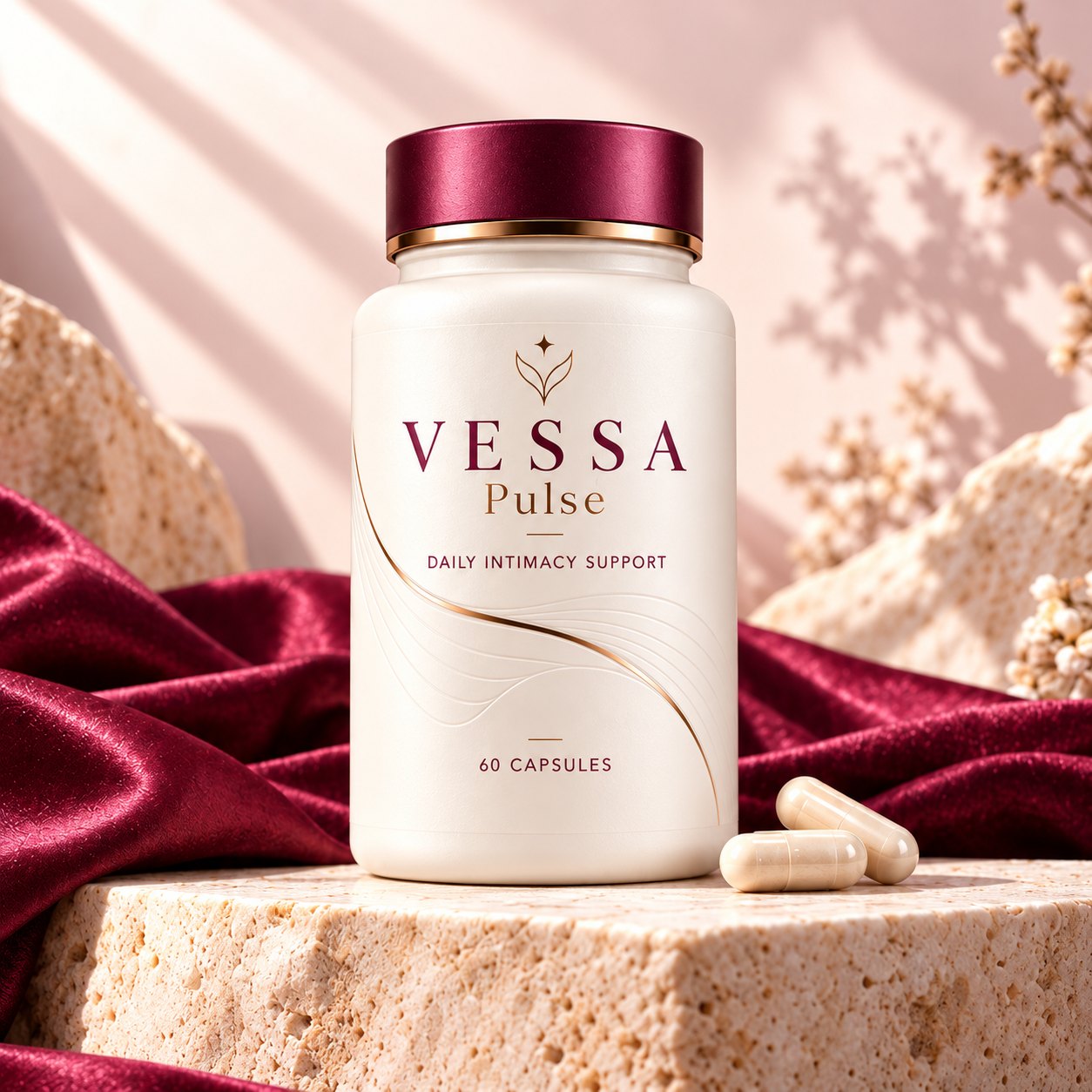 VESSA Pulse daily intimacy support, 60 capsules, on travertine with burgundy silk